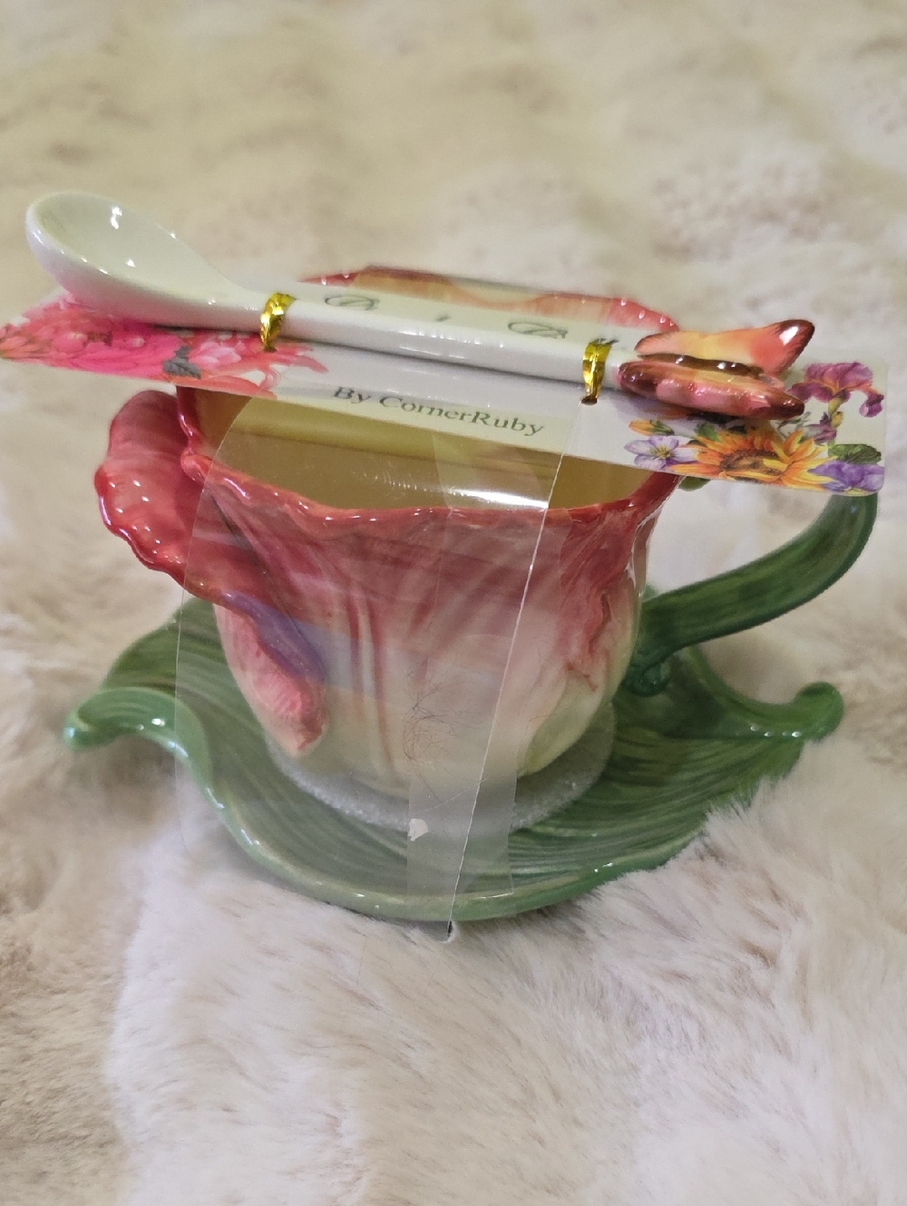 Floral Ceramic Teacup and Saucer with Spoon - Pink and Green. 3D